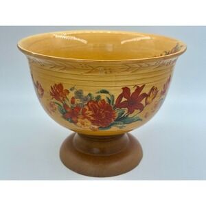 FTD Vintage Floral Ceramic Bowl With Wood‎ Pedestal Yellow & Red Retro 1970's